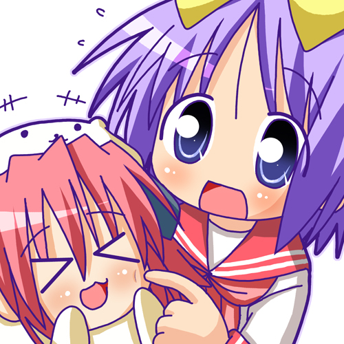 >_<, animal_costume, bear_costume, bear_yutaka, blue_eyes, chibi, closed_eyes, hiiragi_tsukasa, kobayakawa_yutaka, lowres, lucky_star, minami_(colorful_palette), purple_hair, redhead, school_uniform, serafuku, short_hair
