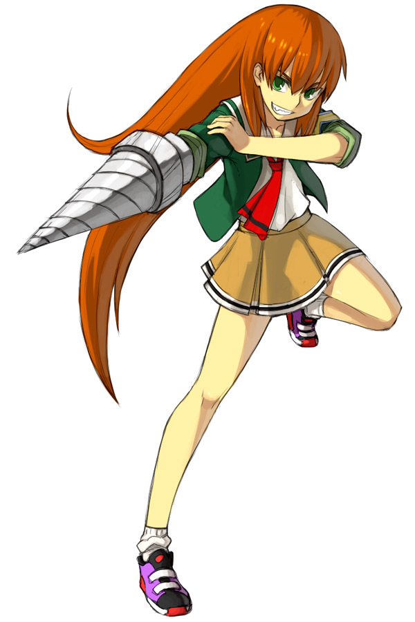 1girl, akai_homura, dress, drill, full_body, green_shirt, orange_skirt, original