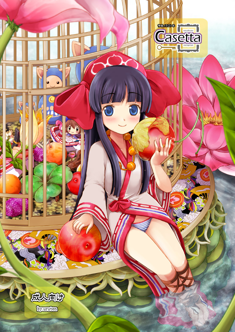 black_hair, blue_eyes, blush, cage, champuru, cross-laced_footwear, food, fruit