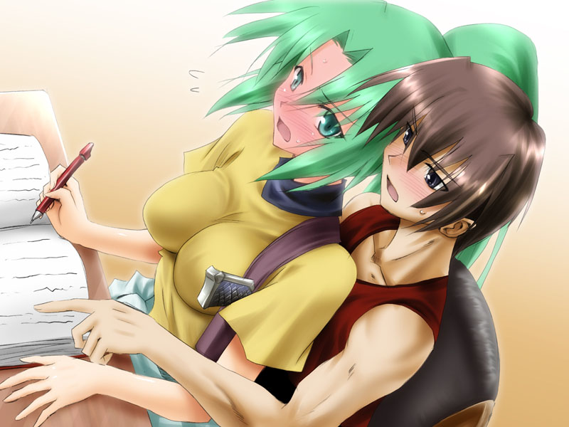 1boy, 1girl, blush, couple, green_eyes, green_hair, hetero, higurashi_no_naku_koro_ni