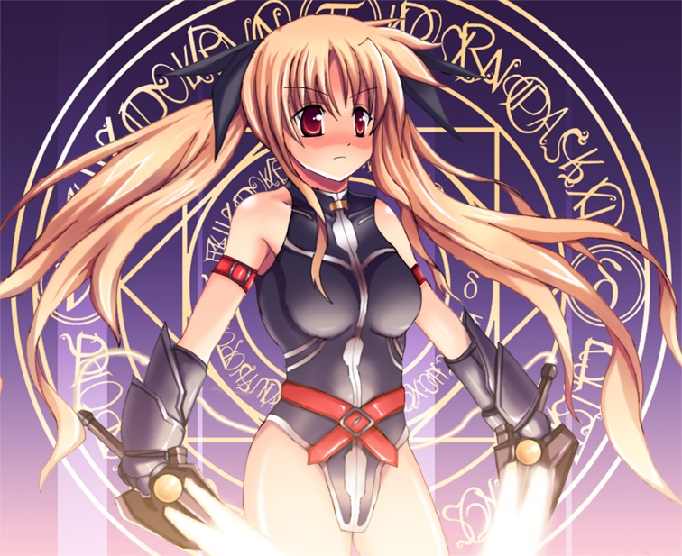 blonde_hair, fate_testarossa, leotard, magic_circle, mahou_shoujo_lyrical_nanoha, mahou_shoujo_lyrical_nanoha_strikers, octagram, red_eyes