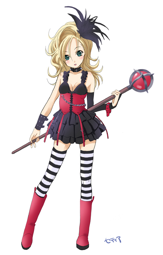 1girl, blonde_hair, blush, boots, breasts, cleavage, corset, dragon_quest