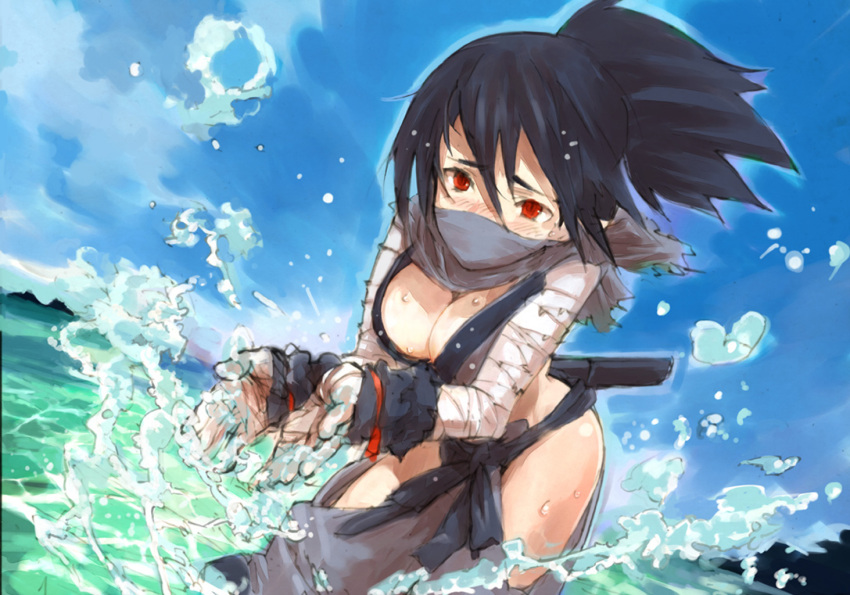 1girl, bandage, black_hair, blush, breasts, cleavage, disgaea, japanese_clothes