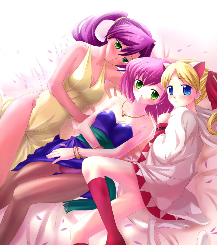 3girls, animal_ears, bed, blonde_hair, blue_eyes, cat_ears, cherry_blossoms, dancer