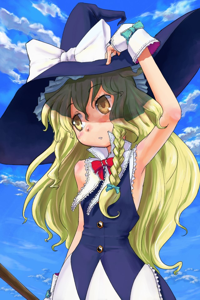 1girl, :o, arm_at_side, arm_up, armpits, bangs, blonde_hair, blue_sky