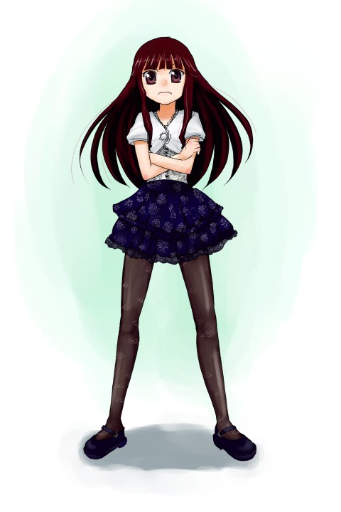 1girl, black_legwear, blue_skirt, crossed_arms, daizan_(mount_position), full_body, layered_skirt, loafers