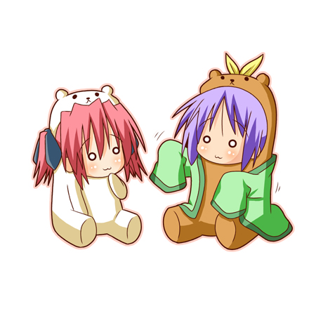 2girls, :3, animal_costume, bear_costume, bear_tsukasa, bear_yutaka, capybara-san, chibi