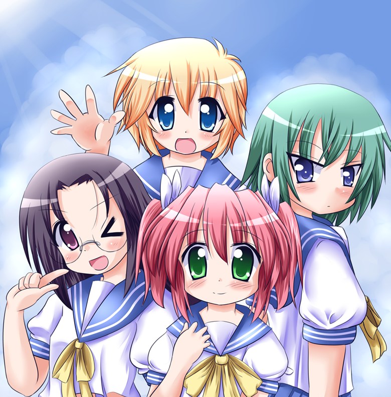 4girls, bad_anatomy, bad_hands, blonde_hair, blue_eyes, blush, brown_hair, glasses, green_eyes, green_hair, iwasaki_minami, jun_(aoerm), kobayakawa_yutaka, looking_at_viewer, lucky_star, multiple_girls, one_eye_closed, patricia_martin, pink_hair, poorly_drawn, red_eyes, school_uniform, serafuku, short_sleeves, smile, tamura_hiyori, tsurime, twintails