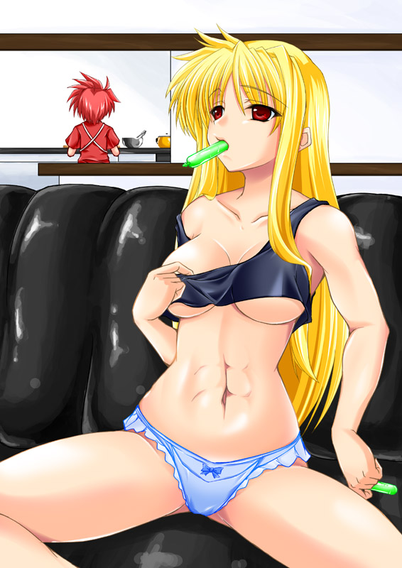 1boy, 1girl, blonde_hair, breasts, erio_mondial, fate_testarossa, lyrical_nanoha, maho_(yakimorokoshi)