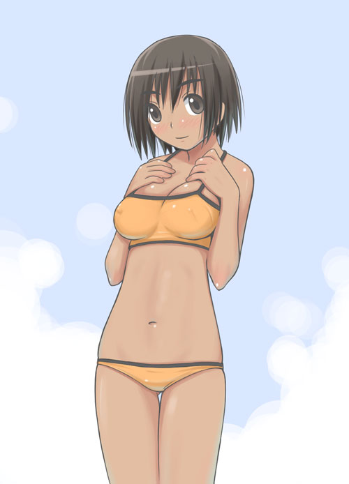1girl, ayase_fuuka, bikini, black_eyes, black_hair, blush, breasts, dark_skin, erect_nipples, eyebrows, komusou, lowleg, lowleg_bikini, medium_breasts, navel, orange_bikini, short_hair, sky, solo, standing, swimsuit, tan, tankini, thick_eyebrows, thigh_gap, thighs, yotsubato!