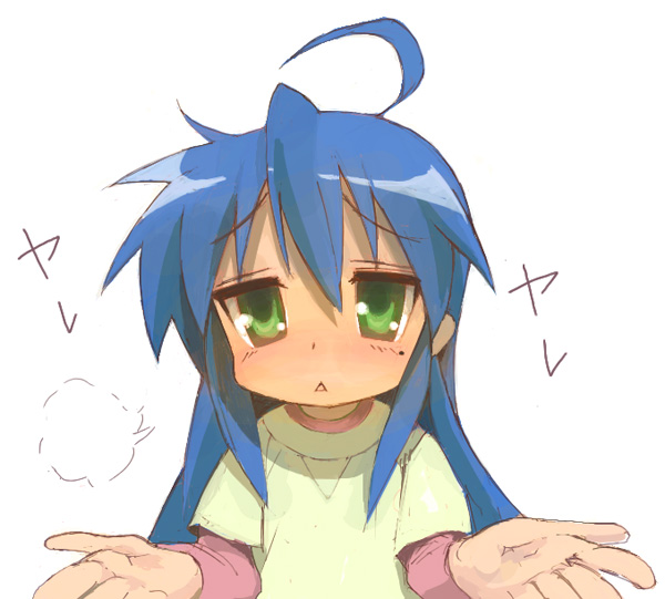 1girl, ahoge, casual, guitar_(artist), guitar_(guitars), hands, izumi_konata, lucky_star, shirt, shrug, sigh, solo, t-shirt