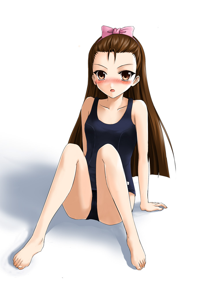 1girl, barefoot, blush, feet, flat_chest, idolmaster, legs, minase_iori, one-piece_swimsuit, ryuushou, school_swimsuit, solo, swimsuit