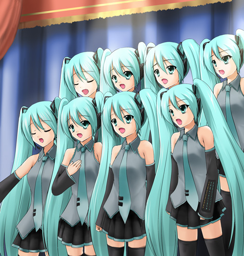 6+girls, aqua_hair, aqua_necktie, chorus, clone, hatsune_miku, long_hair, lowres
