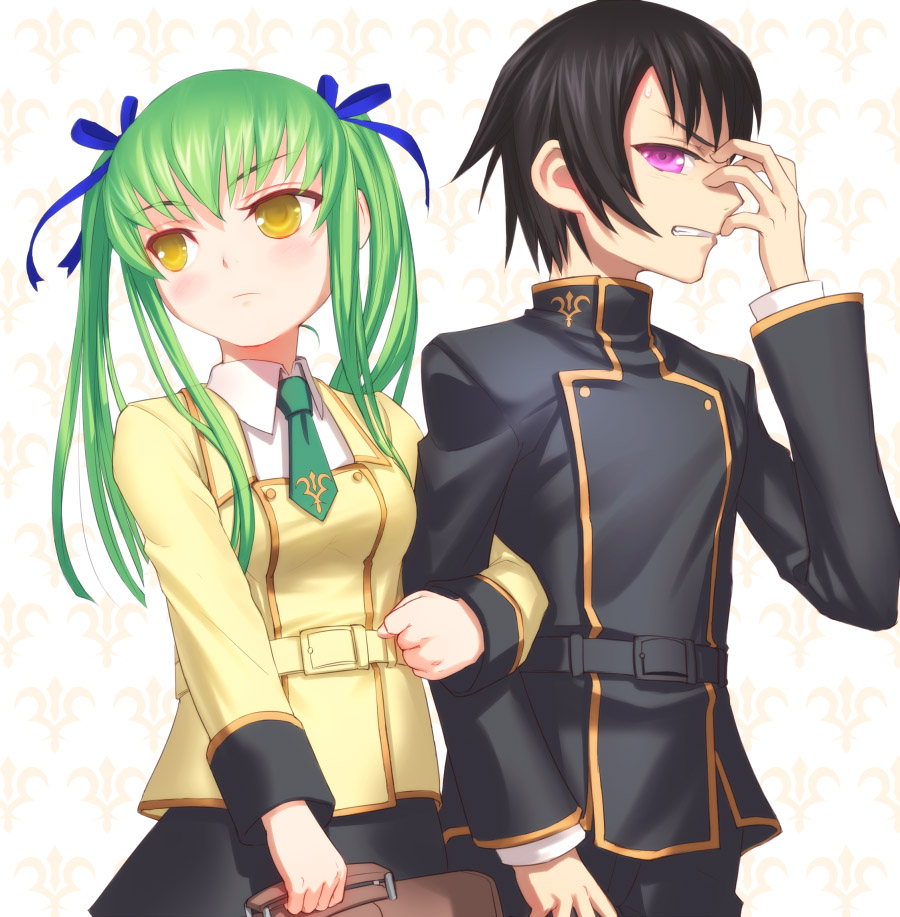 arm_clutch, arm_hug, c.c., code_geass, green_hair, lelouch_lamperouge, school_uniform, serafuku