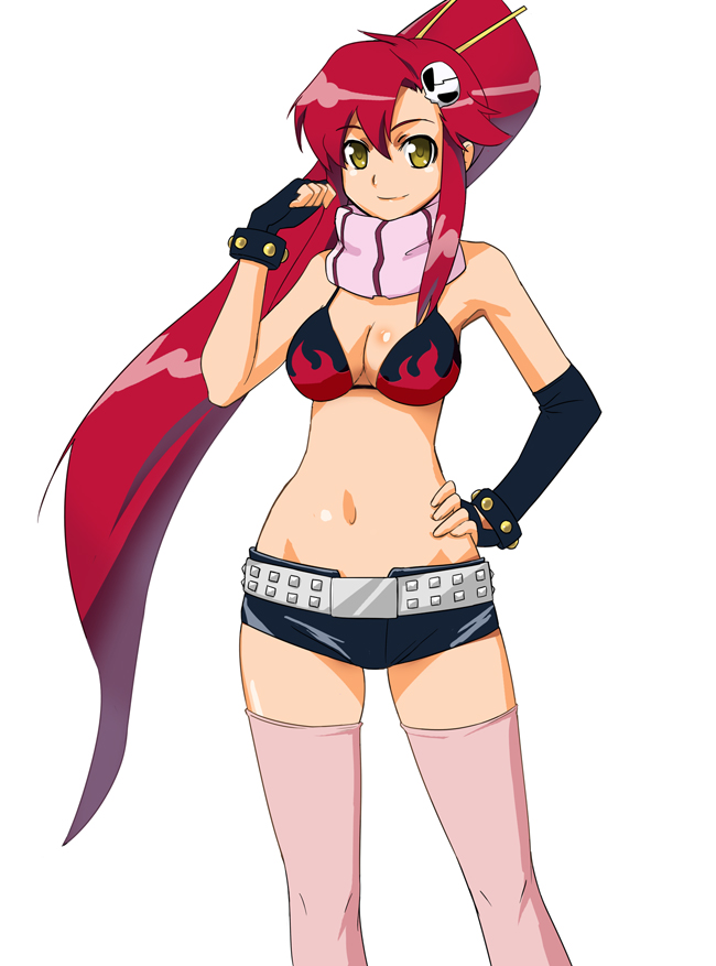 1girl, bikini_top, breasts, cleavage, midriff, navel, ponytail, redhead
