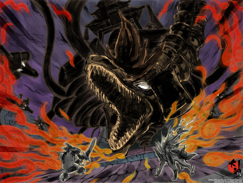 amaterasu, dragon, fine_art_parody, highres, nihonga, official_art, ookami_(game), orochi