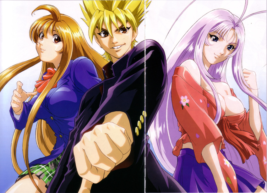 1boy, 2girls, absurdres, ahoge, antenna_hair, blazer, blonde_hair, blue_eyes, bow, breasts, brown_eyes, brown_hair, cleavage, crop_top, flower, fukuda_noriyuki, gakuran, grin, highres, large_breasts, long_hair, looking_at_viewer, midriff, multiple_girls, nagi_souichirou, natsume_aya, natsume_maya, off_shoulder, oogure_ito, plaid, plaid_skirt, purple_hair, scan, school_uniform, short_hair, skirt, smile, spiky_hair, tenjou_tenge, thumbs_down, very_long_hair