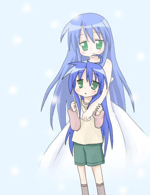 age_difference, ahoge, blue_hair, green_eyes, hug, izumi_kanata, izumi_konata, long_hair