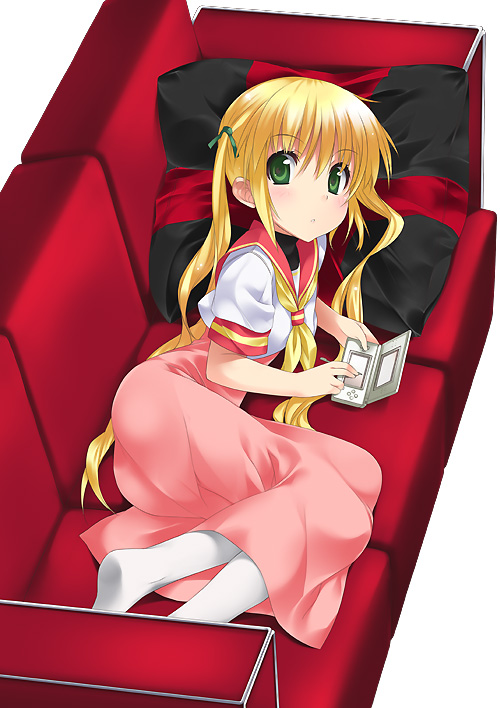 1girl, blonde_hair, couch, feet, from_above, green_eyes, handheld_game_console, hayate_no_gotoku!, looking_at_viewer, lying, mizuki_makoto, nintendo_ds, on_side, pillow, playing_games, red_upholstery, sanzen'in_nagi, school_uniform, serafuku, simple_background, solo, staring, twintails, video_game