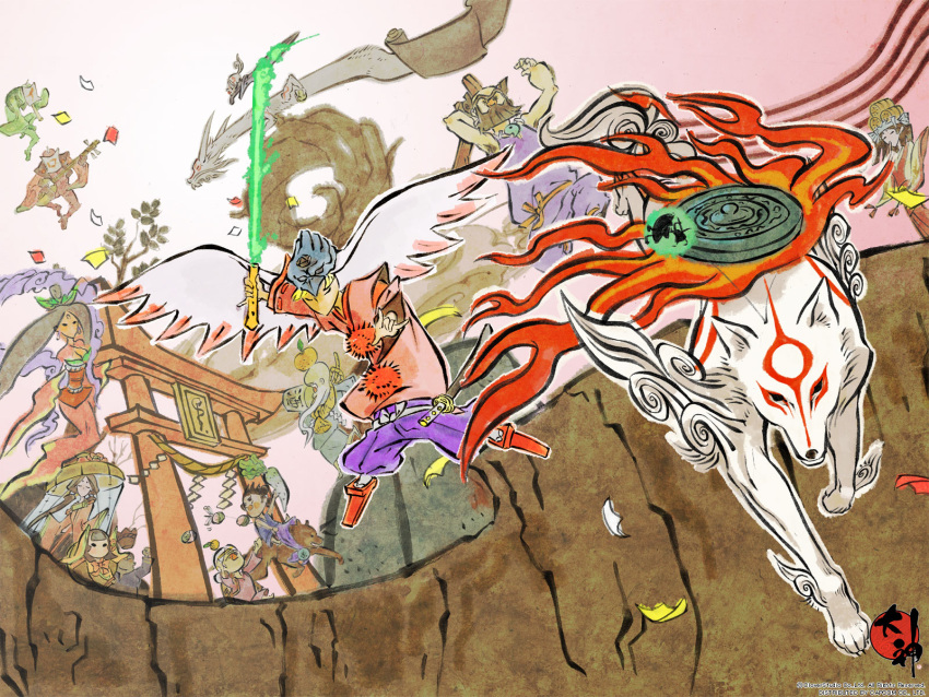 6+boys, 6+girls, amaterasu, fine_art_parody, geta, highres, issun, multiple_boys