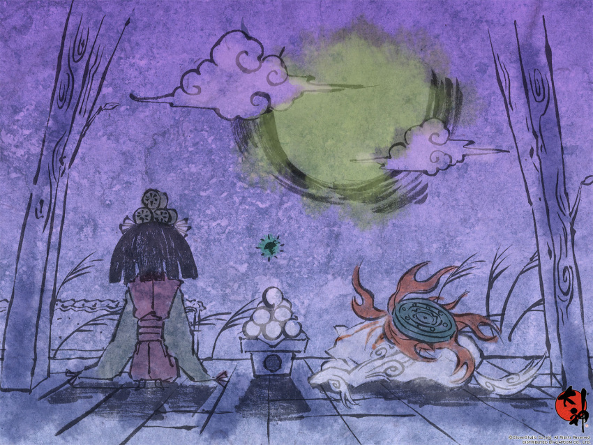 amaterasu, fine_art_parody, food, full_moon, highres, issun, kushi, mochi