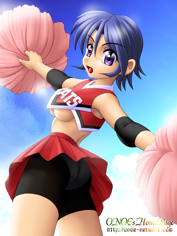 1girl, bike_shorts, blue_hair, breasts, cheerleader, eyeshield_21, medium_breasts, onoe