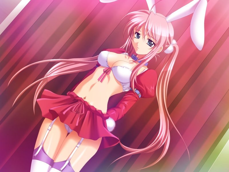 1girl, animal_ears, bra, breasts, cleavage, collar, game_cg, garters, hiura_youko, kanna_(plum), lingerie, long_hair, panties, pantyshot, rabbit_ears, reijou_club, skirt, slave, solo, tail, thigh-highs, twintails, underwear, upskirt