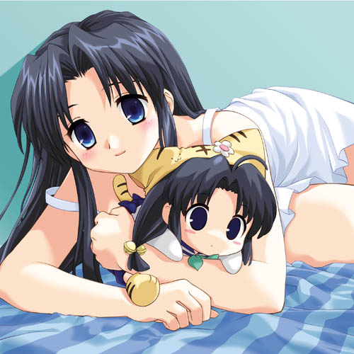 00s, 2girls, bare_shoulders, blue_eyes, blue_hair, chibi, child, di_gi_charat