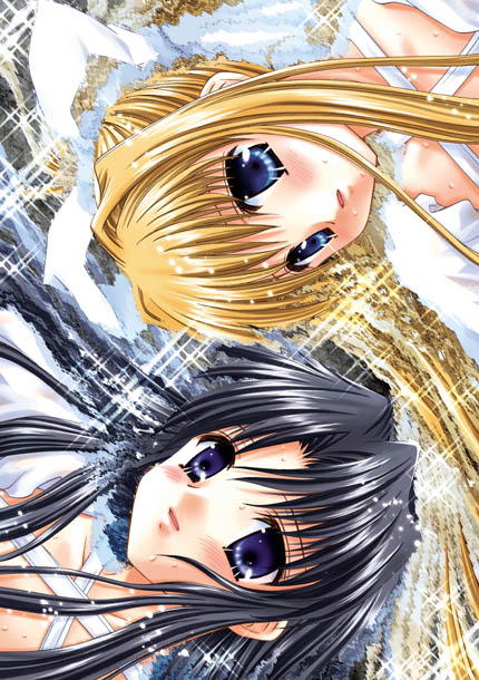 00s, 2girls, air, black_hair, blonde_hair, blue_eyes, collarbone, criss-cross_halter