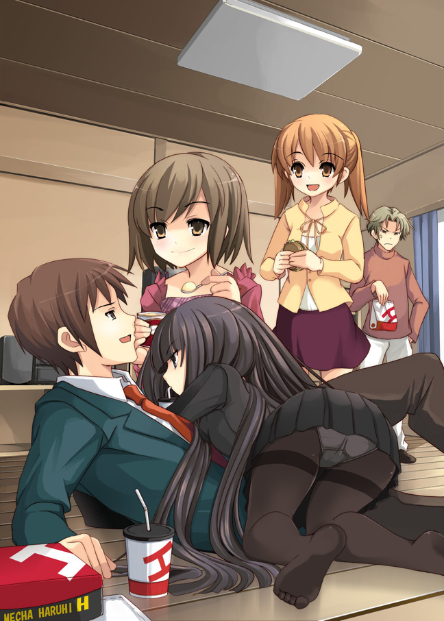 1boy, 4girls, :d, bad_anatomy, bad_feet, black_legwear, feet, fujiwara_(shny)