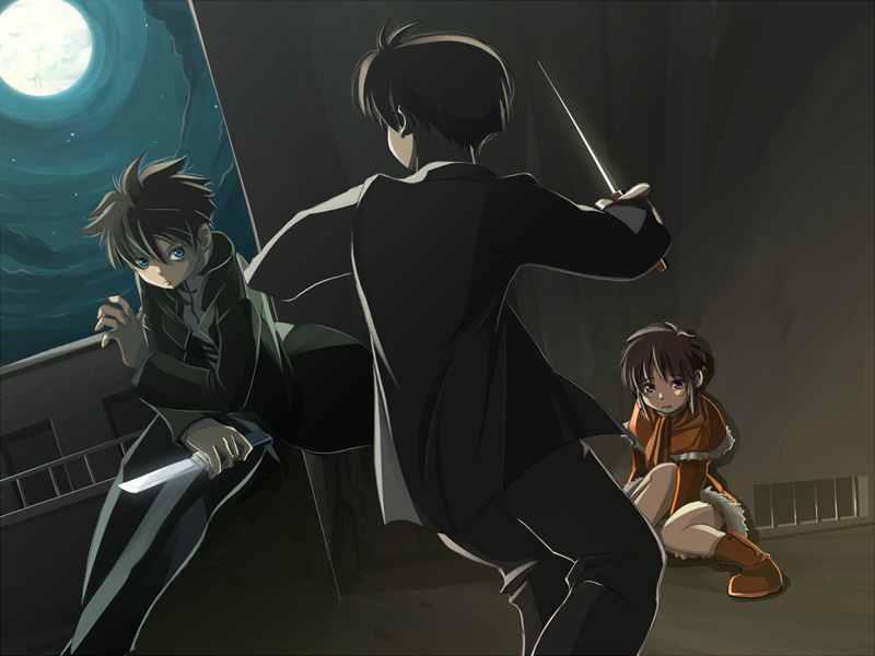 00s, 1girl, 2boys, battle, christmas, full_moon, knife, moon