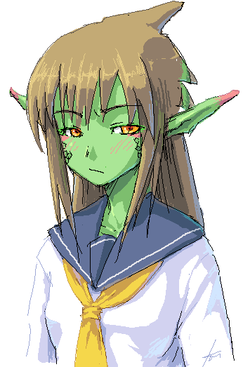 dragon_girl, ebizome, expressionless, green_skin, monster_girl, oekaki, original, pointy_ears