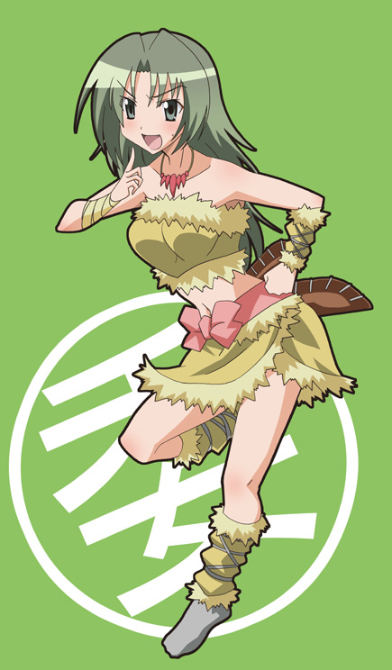1girl, bandeau, boots, bow, crop_top, fur, green_eyes, green_hair