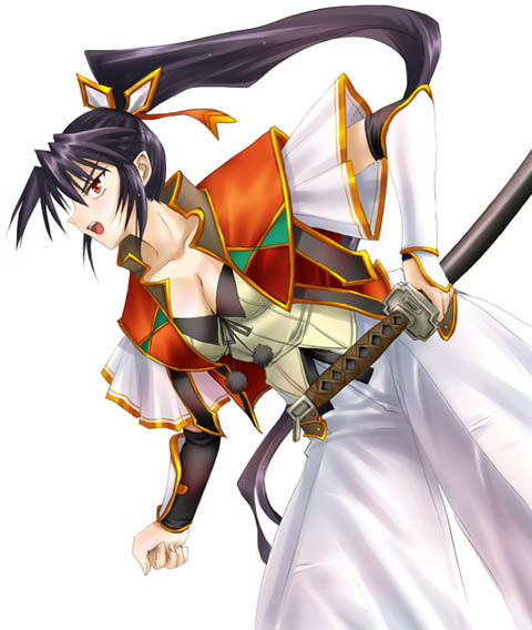 1girl, black_hair, breasts, cleavage, japanese_clothes, long_hair, pin.x, ponytail