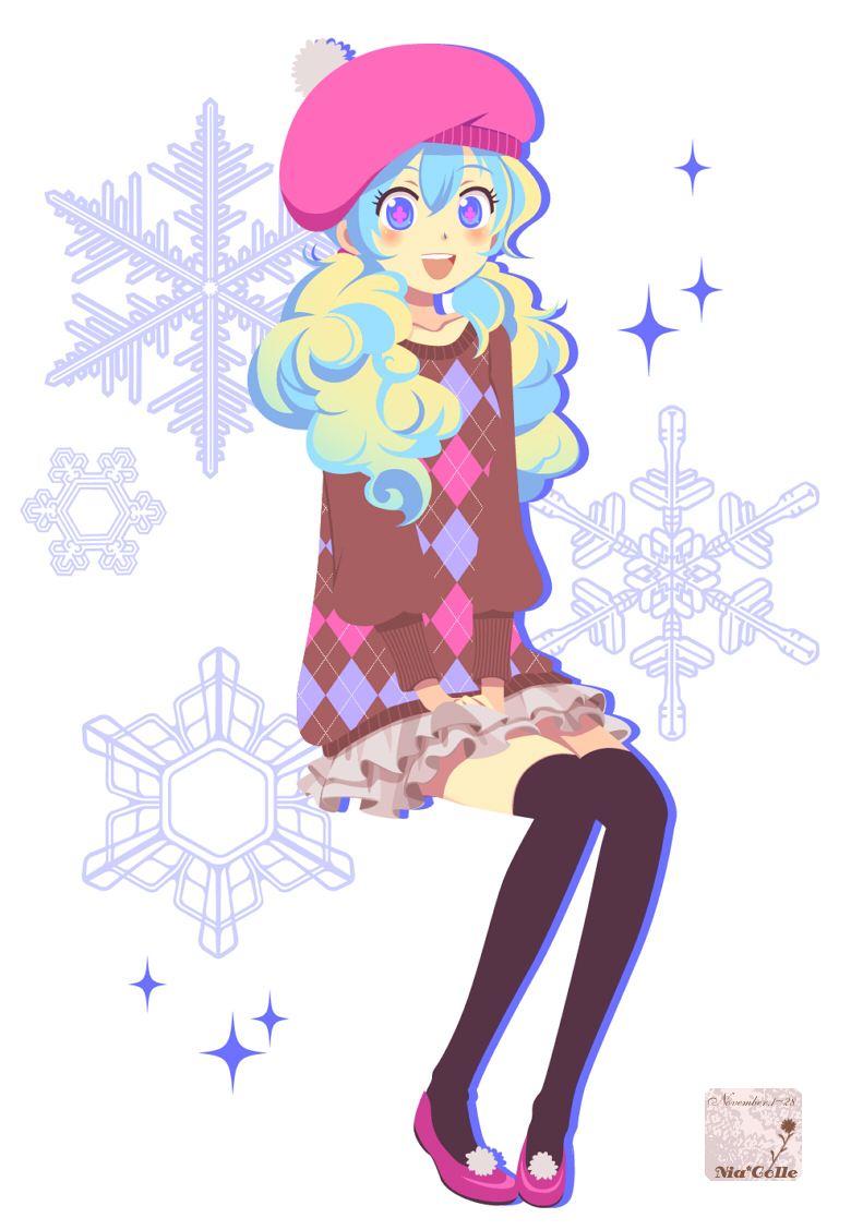 argyle, beret, black_legwear, fashion, hat, multicolored_hair, nia_teppelin, open_mouth