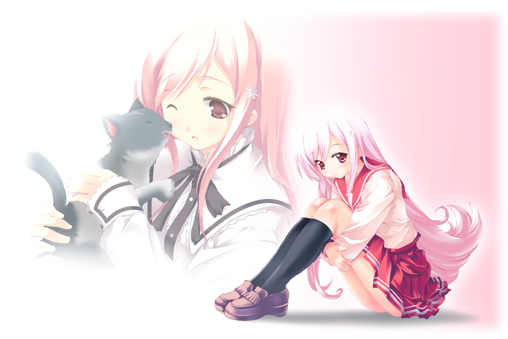 black_legwear, cat, footwear, hair_ornament, kashi, kneehighs, legs_bent, long_hair