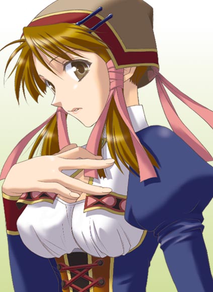 1girl, atelier_(series), atelier_lilie, bangs, breasts, brown_eyes, brown_hair, cleavage
