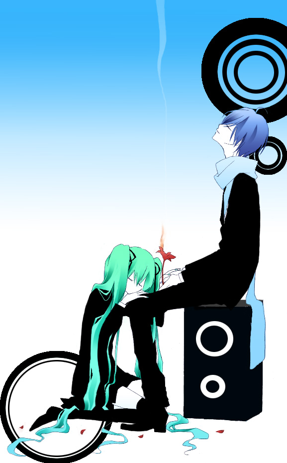 hatsune_miku, kaito, kingyo_(pixiv246106), naoto_(tulip), saihate_(vocaloid), thighhighs, vocaloid