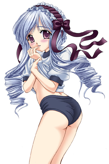00s, 1girl, aria_(sister_princess), buruma, gym_uniform, shirt_lift, simple_background, sister_princess