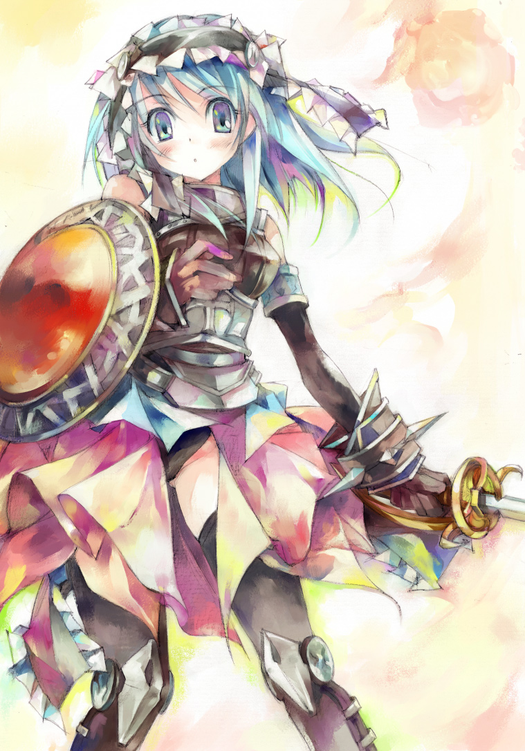 1girl, aqua_hair, armor, bad_id, bare_shoulders, elbow_gloves, fantasy_earth_zero, female