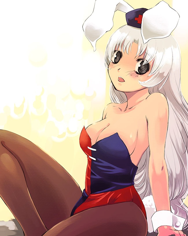 1girl, adapted_costume, alternate_hairstyle, animal_ears, arm_support, bangs, bare_shoulders, black_eyes