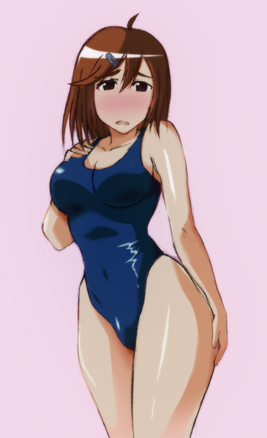 1girl, blush, curvy, hand_on_thigh, hayakawa_harui, highleg, highleg_swimsuit, hips