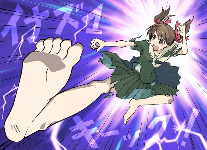 1girl, action, barefoot, brown_eyes, brown_hair, feet, fukuzawa_yumi, inazuma_kick