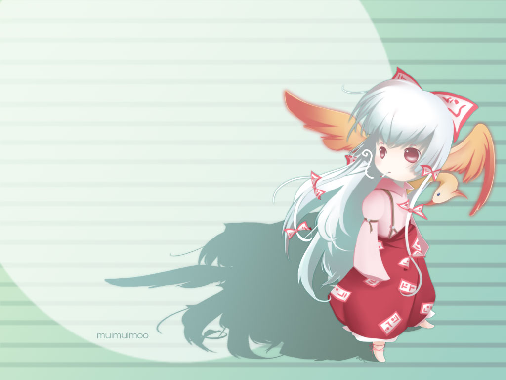 albino, barefoot, bird, cigarette, female, fujiwara_no_mokou, hair_ornament, long_hair