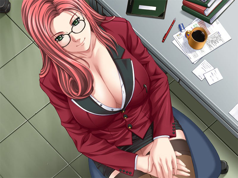 1girl, blazer, breasts, business_suit, chair, cleavage, cleavage_(game), desk, dutch_angle, formal, game_cg, glasses, green_eyes, huge_breasts, ichinose_sayaka, jacket, large_breasts, long_hair, miniskirt, office, pencil_skirt, redhead, sei_shoujo, sitting, skirt, skirt_suit, smile, solo, suit, teacher, thigh-highs, uniform, zettai_ryouiki