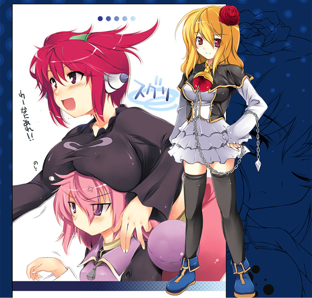 3girls, :d, aburidashi_zakuro, anger_vein, black_legwear, black_shirt, blonde_hair, blush
