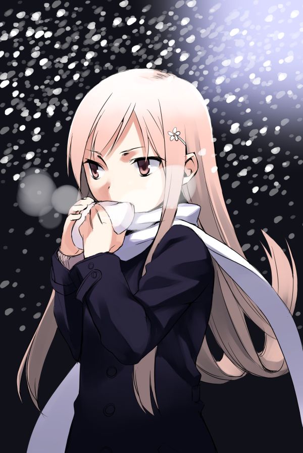 1girl, b.k., baozi, breath, coat, cold, eating, food