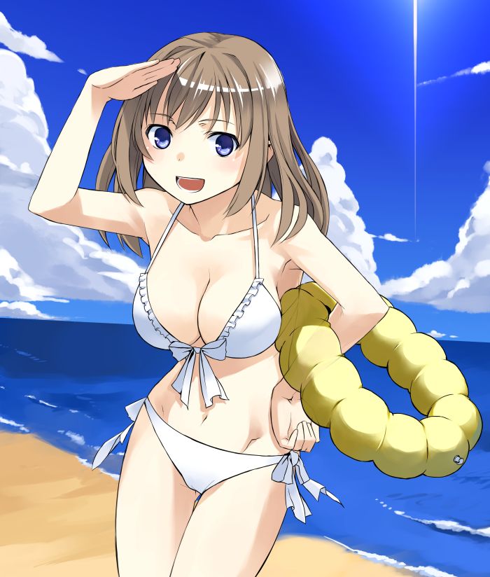 1girl, :d, arm_up, armpits, b.k., bangs, beach, bikini
