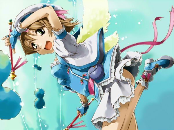 1girl, :d, arm_up, ass, beret, blue_background, blue_dress, blue_gloves