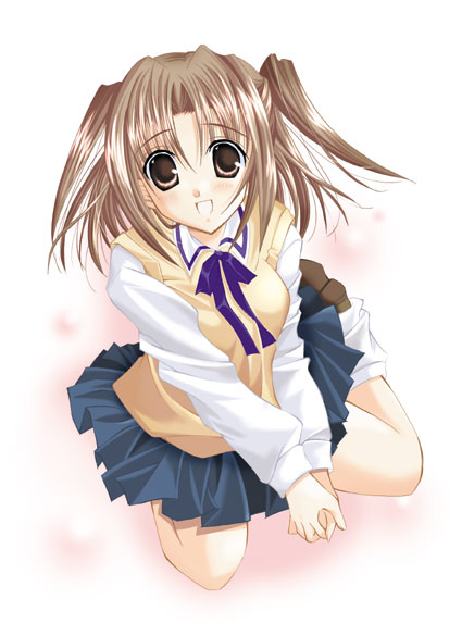 00s, 1girl, bad_anatomy, blue_skirt, brown_eyes, brown_hair, knave, kneeling